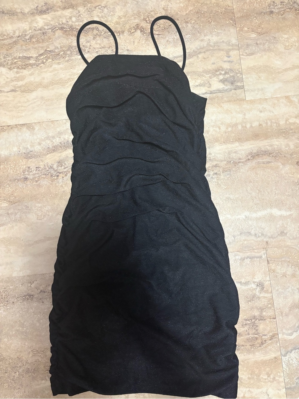 Black Sparkle Ruched Spaghetti Strap Dress